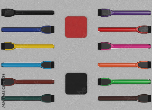 Colorful highlighter markers arranged on gray textured background with central blank squares. Stationery mockup for branding, back to school, office supplies and copy space.