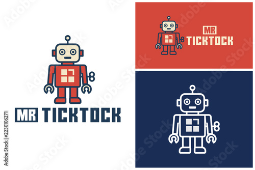 Mr ticktock wind up robot toy with graphic and text.