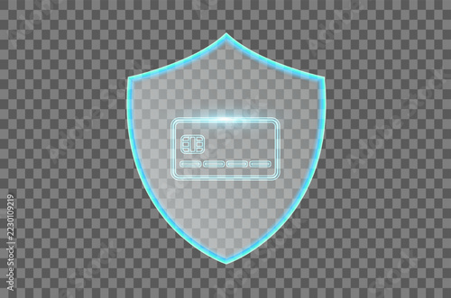 Transparent glass shield with glowing blue credit card symbol representing secure digital payments.
