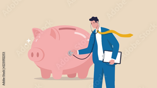 Professional man using stethoscope to examine large piggy bank for financial audit.