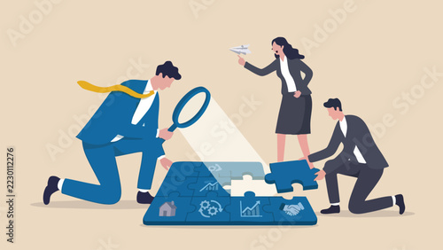 Business people assembling puzzle pieces with magnifying glass blue professional.