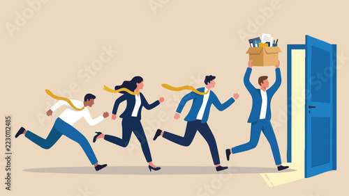 Business employees rushing towards open office door with cardboard box for turnover.