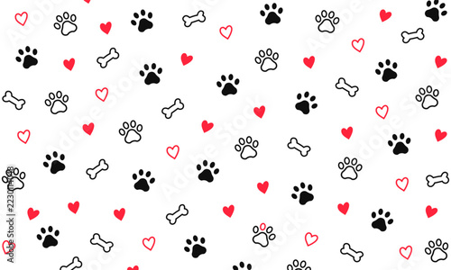 Seamless Pattern with Cute Paw Prints, Hearts and Dog Bones on White Background