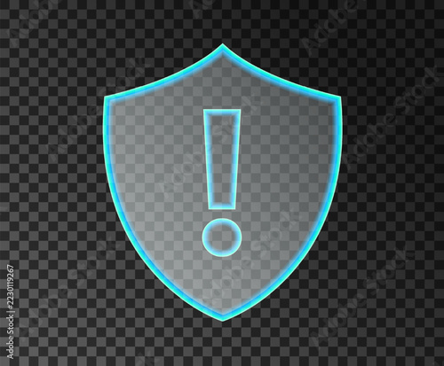 Transparent glass shield with glowing cyan exclamation mark symbolizing security alerts and protection.