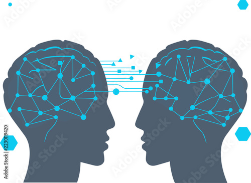 Fotografie Two Human Heads Connecting and Transferring Digital Brain Data for Telepathy Con