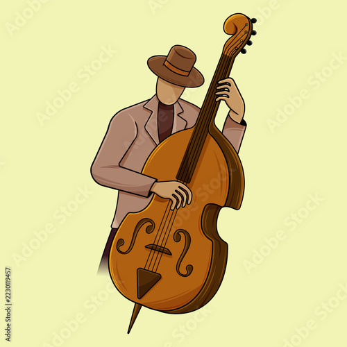 Vintage Jazz Musician Playing Upright Double Bass Isolated Illustration