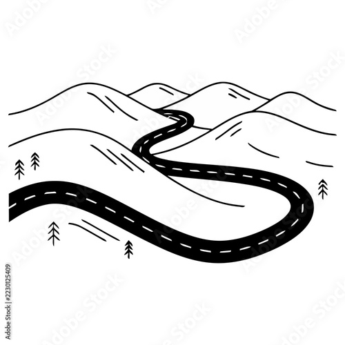 Winding road through hills with trees