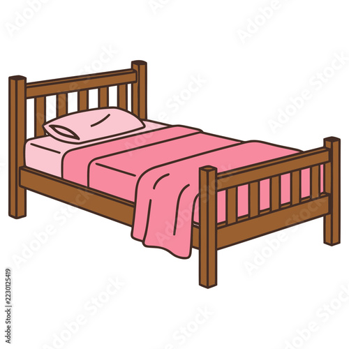 Wooden bed with pink bedding