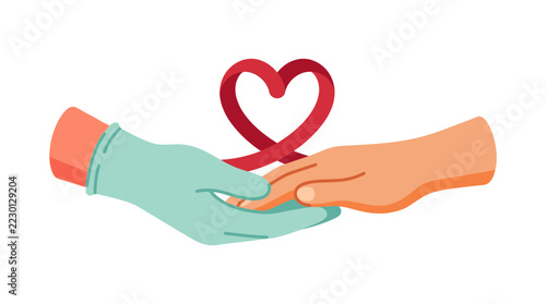 Medical professional hand holding patient hand with heart symbol