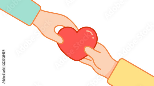 Two hands passing a red heart illustration