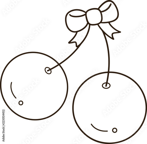Cute double cherry fruit with ribbon bow black outline simple minimalist sticker icon