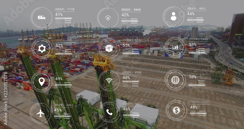 Image of data processing with icons over container port