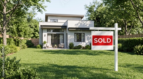 Dream home bought, sold real estate sign post in front of luxury house