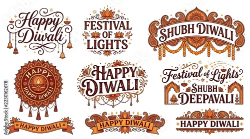 Happy Diwali Typography and Decorative Festival of Lights Lettering Collection with Traditional Diyas, Lotus Flowers and Indian Ornamental Designs