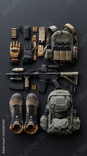 Military clothing: backpack, boots, weapon. Against a solid-color background 