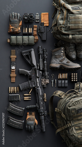Military clothing: backpack, boots, weapon. Against a solid-color background 