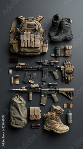 Military clothing: backpack, boots, weapon. Against a solid-color background 