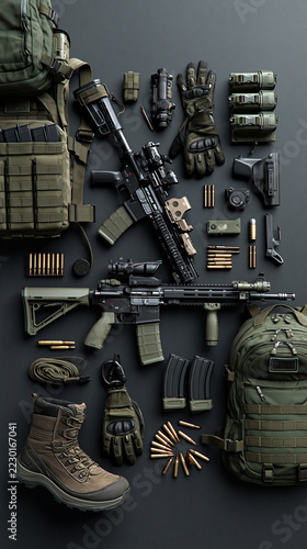 Military clothing: backpack, boots, weapon. Against a solid-color background 