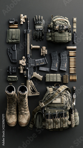Military clothing: backpack, boots, weapon. Against a solid-color background 