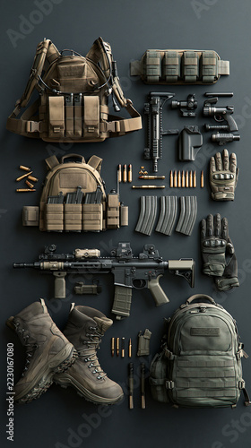 Military clothing: backpack, boots, weapon. Against a solid-color background 