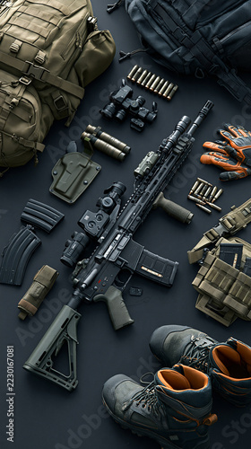 Military clothing: backpack, boots, weapon. Against a solid-color background 