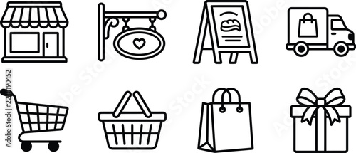 Retail Shopping Icon Set Featuring Storefront, Business Signboard, Delivery Truck, Shopping Cart, Basket, Paper Bag and Gift Box Outline Symbols