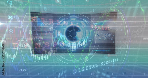 Digital security concept with futuristic eye interface and data visualization