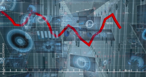 Digital financial graph showing fluctuating red line with futuristic tech interface