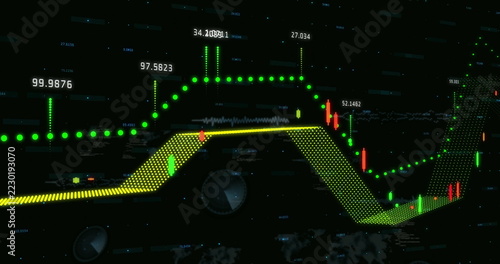 Image of statistics and data processing over dark background