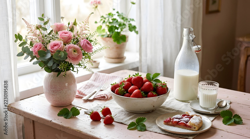 Fresh strawberries and a glass milk carafe arranged with pink flowers and cosmetic jars on a pastel table create a feminine, romantic still life vignette perfect for food, lifestyle, or beauty project