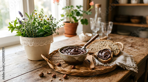 Creamy chocolate spread served in a ceramic bowl on a woven wicker tray beside a lace-lined planter, creating a warm, rustic still life perfect for breakfast, dessert, or cozy kitchen decor images