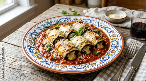 Baked Eggplant Rolls with Melted Cheese in Tomato Sauce on Decorative Plate