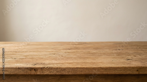 Empty Wooden Tabletop With Blank Neutral Background for Product Mockup and Display