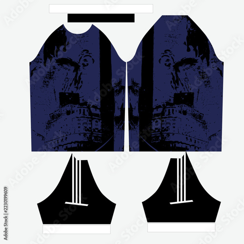 Dark Navy Blue Urban Vintage City Architecture Grunge Print Sports Jersey Vector Design Apparel Template Mockup Flat Lay Set with Side Panels Collar Pattern and Sleeve Accents for Custom Sublimation P