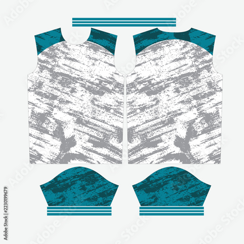 White Grey Distressed Grunge Texture Sports Jersey Vector Design Apparel Template Mockup Flat Lay Set with Teal Blue Sleeves Shoulders and Collar Pattern Cut Out for Custom Sublimation Printing