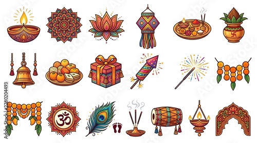 Traditional Indian Diwali Festival Icons Set with Decorative Diya Lamps Rangoli Lotus Peacock Feather Fireworks and Hindu Puja Elements