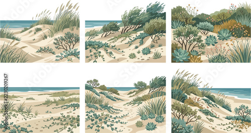 Dune Vegetation Clusters with Ocean Horizon in Gentle Breeze Vector Illustration