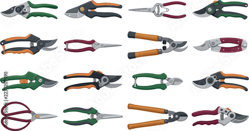 Gardening Shears Assortment in Grid Layout with White Background Vector Illustration