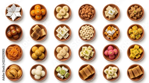 Indian Traditional Sweets and Dry Fruits Collection in Terracotta Bowls on White Background