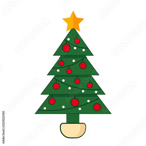 Green Christmas Tree with Red Ornaments and Golden Star Vector