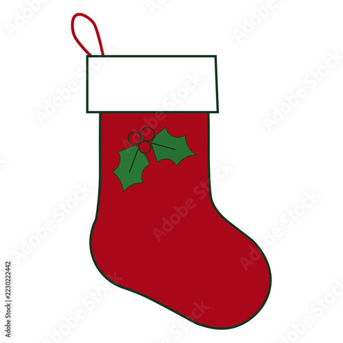 Red Christmas Stocking with Green Holly and White Cuff Vector