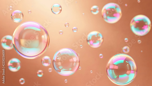 Iridescent soap bubbles, reflecting pastel colors and floating across a warm peach background