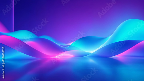 Abstract neon waves flowing across a luminous purple and cyan horizon with fluid curves