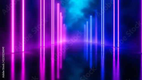 Neon light columns lining a reflective corridor, casting pink and blue glow through haze