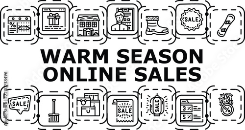 Warm season online sales concept. Trends clearance, digital retail, sunshine shopping icon vector illustration