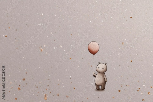 A minimalist scene with a cute bear holding a single balloon, surrounded by tiny stars and confetti in a soft, muted palette on textured paper background