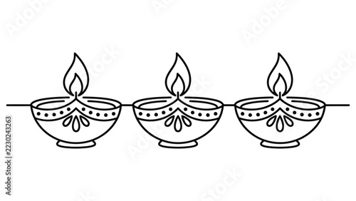 Diya Oil Lamps with Decorative Flame Design in Minimal Black Line Art Illustration