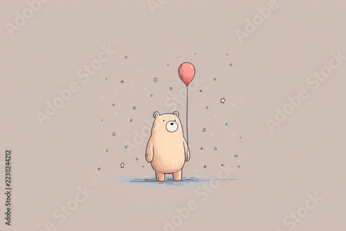 A minimalist scene with a cute little bear holding a single red balloon, surrounded by tiny stars and confetti in a soft, muted palette