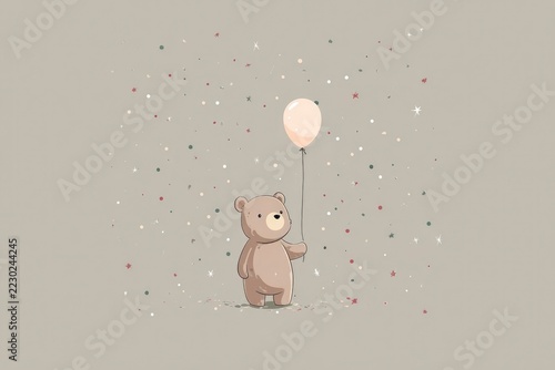 A minimalist scene with a cute teddy bear holding a single balloon, surrounded by tiny stars and confetti in a soft, muted palette