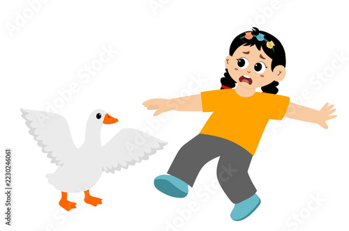 little kid being chased by a goose. Vector illustration.